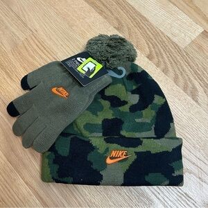 Nike Camouflage Hat Gloves Set Youth Medium Olive Tech Cell Phone Safe Green